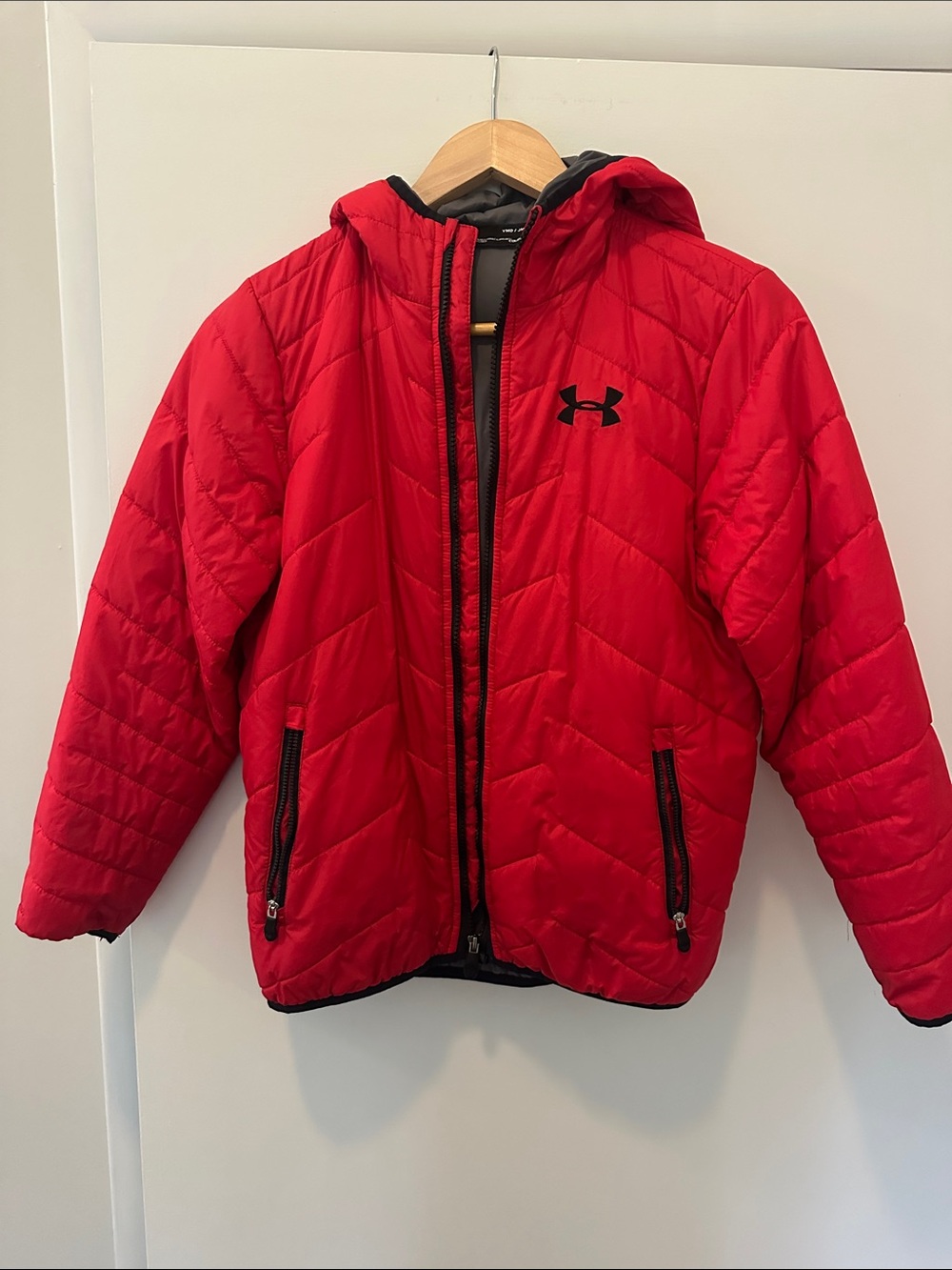 Under Armour Kids Red Hooded Quilted Puffer Jacket with Black Trim